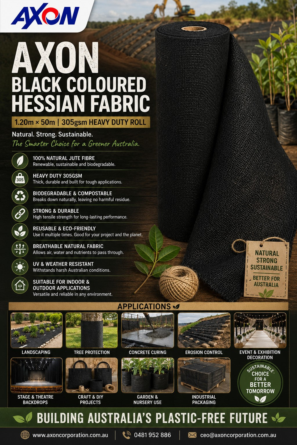 Black Coloured Hessian Fabric 1.20m x 50m, 305gsm Roll