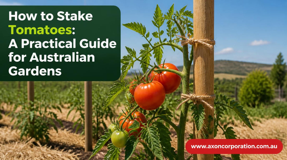 Tomato plant tied to a stake with jute twine