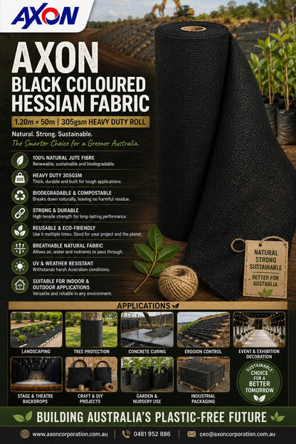 Black Coloured Hessian Fabric 1.20m x 50m, 305gsm Roll
