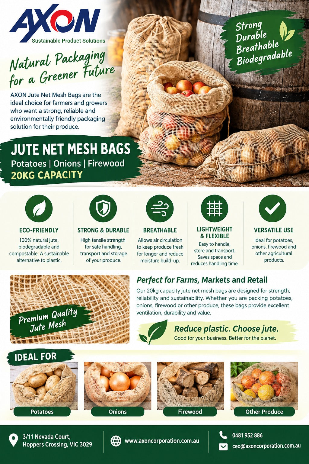 Jute Net/Mesh/Leno Bags - Firewoods, Onion, Garlic, Citrus, Carrot, Apple & Garden - 20kg Capacity