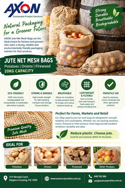 Jute Net/Mesh/Leno Bags - Firewoods, Onion, Garlic, Citrus, Carrot, Apple & Garden - 20kg Capacity