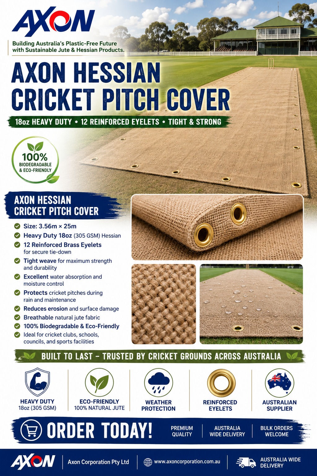 Hessian Cricket Pitch Covers with 12 Eyelets 18oz, 3.56m x 25m Tight & Strong